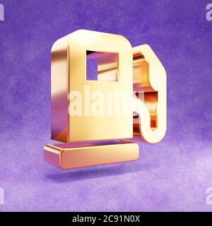Icône de station-service. Symbole de station-service doré brillant isolé sur fond de velours violet. Icône moderne pour site Web, médias sociaux, présentation, élément de modèle de conception. Rendu 3D. Banque D'Images