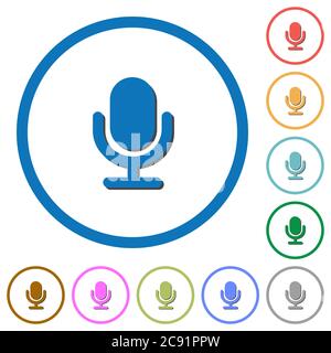 Icônes vectorielles couleur plates du microphone avec ombres dans des contours ronds sur fond blanc Illustration de Vecteur