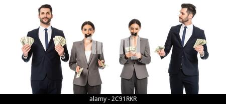 collage d'homme d'affaires détenant des billets en dollars près d'une femme d'affaires avec ruban adhésif sur la bouche isolé sur le concept blanc sexisme Banque D'Images