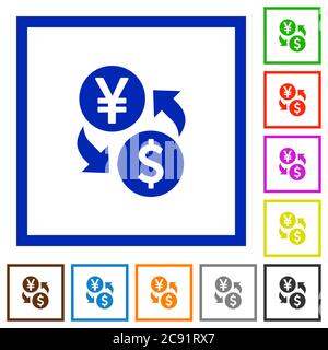 Yen Dollar argent change plat icônes de couleur dans les cadres carrés sur fond blanc Illustration de Vecteur
