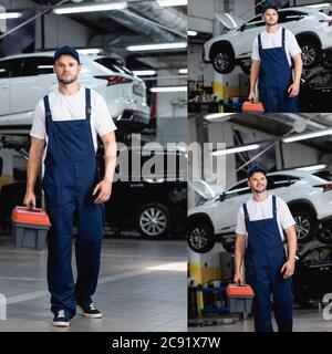 collage de mécanicien heureux en uniforme et cap marchant avec boîte à outils dans le service de voiture Banque D'Images