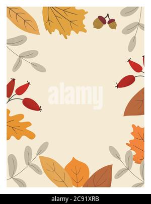 Automne saisonnier dessin à la main cadre vector fond.automne décor bordure avec feuilles séchées, acorns, baies et lieu pour le texte.toile de fond de feuillage Illustration de Vecteur