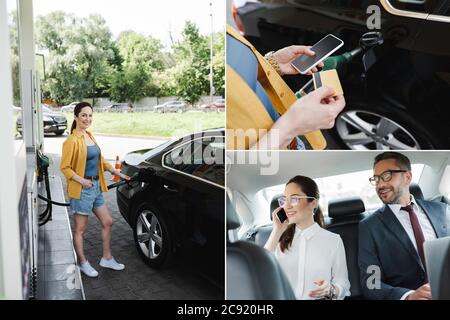 Collage de femme souriante tenant une carte de crédit et un smartphone sur une station-service et homme d'affaires et femme d'affaires utilisant des gadgets dans la voiture Banque D'Images