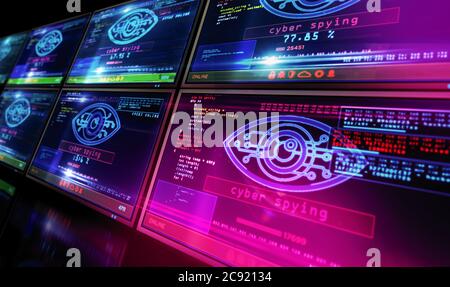 Symbole de cyber-espionnage sur l'écran de l'ordinateur. Piratage, contrôle, surveillance, supervision, invasion numérique et violation de la vie privée concept 3d illustrat Banque D'Images