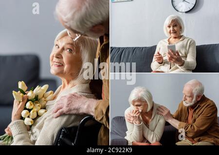 collage de femme handicapée âgée avec tulipes, utilisant un smartphone, et homme touchant l'épaule de la femme qui pleure Banque D'Images