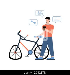 Un vélo cassé et un jeune homme à proximité appelle avec un smartphone un service mobile de réparation de vélo isolé sur fond blanc. Illustration de Vecteur