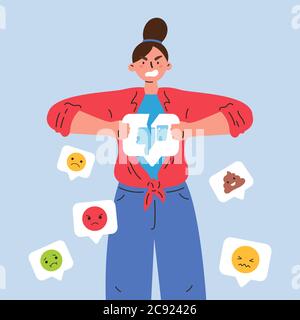 Jeune femme en colère avec une icône dislike cassée Illustration de Vecteur