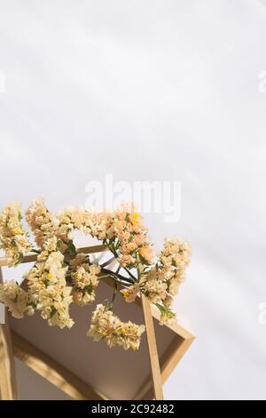 Vue de dessus d'une niche en bois en toile de fond avec fleurs, avec espace pour le texte. Verticale Banque D'Images