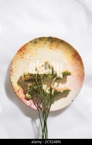 Vue de dessus des fleurs dans une assiette en toile de fond Banque D'Images