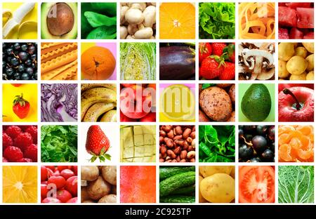 Collage d'aliments naturels. Fond de fruits, légumes et baies. Produits frais. Banque D'Images