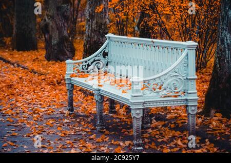 Banc décoratif vintage ancien parsemé de feuilles dans le parc d'automne Banque D'Images