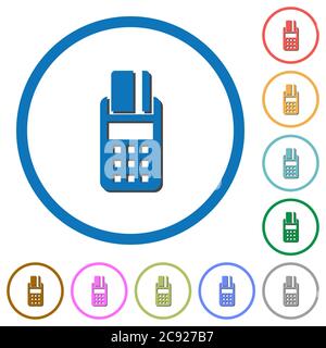 Icônes vectorielles couleur plates du terminal POS avec ombres dans des contours ronds sur fond blanc Illustration de Vecteur
