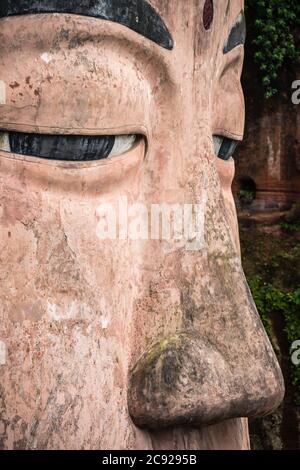Gros plan sur la face du Bouddha géant de Leshan, une statue en pierre de 71 mètres de haut construite entre 713 et 803 pendant la dynastie Tang. Situé à la co Banque D'Images