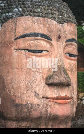 Gros plan sur la tête du Bouddha géant de Leshan, une statue en pierre de 71 mètres de haut construite entre 713 et 803 pendant la dynastie Tang. Situé à la co Banque D'Images