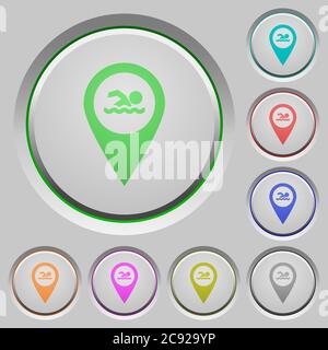 Les icônes de couleur de l'emplacement de la carte GPS de la piscine se trouvent sur les boutons-poussoirs coulés Illustration de Vecteur