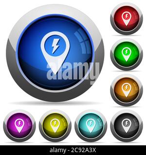 Icônes de localisation de carte GPS d'approche rapide sur des boutons ronds brillants avec cadres en acier Illustration de Vecteur