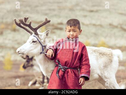 tsaatan enfant dans le paysage mongol nord avec un bébé renne Banque D'Images