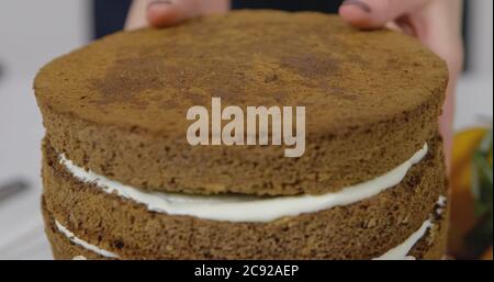 Étape par étape. Jeune fille qui assemble un gâteau au chocolat avec une crème au beurre aux couleurs vives Banque D'Images