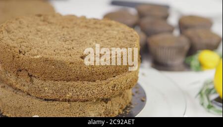 Étape par étape. Jeune fille qui assemble un gâteau au chocolat avec une crème au beurre aux couleurs vives Banque D'Images