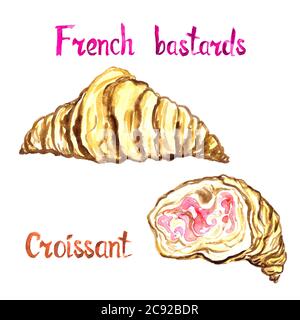 Ensemble de croissants aux fraises, entiers et séparés sur une illustration d'aquarelle peinte à la main blanche avec inscription manuscrite Banque D'Images