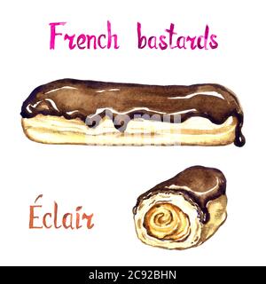 Eclair ensemble, coupe entière et coupée, isolé sur une illustration aquarelle peinte à la main blanche avec inscription manuscrite Banque D'Images