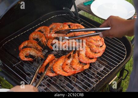 Les crevettes fruits de mer grillés sur la cuisinière. Banque D'Images