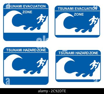 Signes d'alerte aux tsunamis montrant l'évacuation et les zones dangereuses Banque D'Images