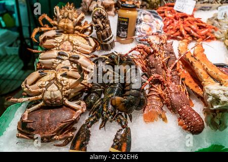 Fisch Frischer in der Markthalle la Boqueria, Mercat de la Boqueria, Barcelone, Espagnol | Mercat de la Boqueria, poisson frais, poisson de mer, Market Hall, B Banque D'Images