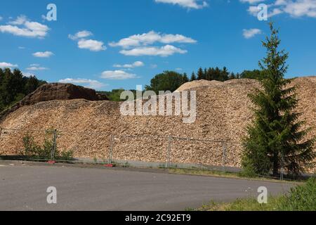 Pile de troncs d'arbre dans un moulin à scie, Bergisches Land Banque D'Images