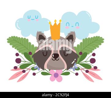 mignon animal raton laveur avec fleurs de couronne feuillage nature décoration dessin animé vecteur illustration Illustration de Vecteur