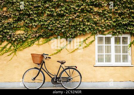 Vélo à l'ancienne avec panier contre Ivy bâtiment couvert à Oxford Banque D'Images