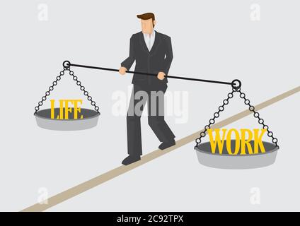 Homme d'affaires marchant sur le faisceau de balance et tenant balance avec le travail de texte et la vie sur chaque PAN. Illustration vectorielle créative pour un équilibre entre vie professionnelle et vie privée Illustration de Vecteur