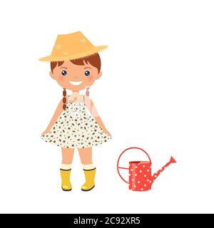 Chibi personnage de fille dans la robe rustique et les bottes en caoutchouc. Isolé sur fond blanc. Esthétique du style de vie des cottagecore. Illustration vectorielle Banque D'Images