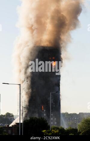 De la fumée s'élève à l'incendie de la Grenfell Tower, un immeuble de 24 étages faisant partie du Lancaster West Estate à North Kensington, Londres, Royaume-Uni. L'incendie a été déclenché tôt le matin par un réfrigérateur-congélateur défectueux au quatrième étage. Il s'étend rapidement à l'extérieur du bâtiment, par le revêtement extérieur et l'isolation. L'incendie a causé 72 morts, dont ceux de deux victimes qui sont plus tard décédées à l'hôpital. Plus de 70 autres personnes ont été blessées et 223 personnes ont échappé. C'était le feu structurel le plus meurtrier du Royaume-Uni depuis 1988 et le pire incendie résidentiel britannique depuis la Seconde Guerre mondiale Banque D'Images