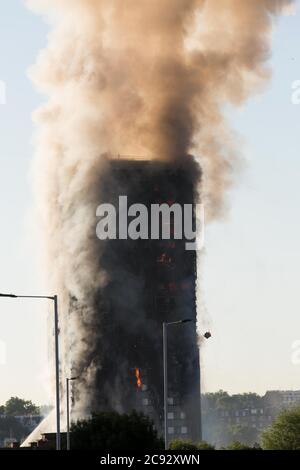 De la fumée s'élève à l'incendie de la Grenfell Tower, un immeuble de 24 étages faisant partie du Lancaster West Estate à North Kensington, Londres, Royaume-Uni. L'incendie a été déclenché tôt le matin par un réfrigérateur-congélateur défectueux au quatrième étage. Il s'étend rapidement à l'extérieur du bâtiment, par le revêtement extérieur et l'isolation. L'incendie a causé 72 morts, dont ceux de deux victimes qui sont plus tard décédées à l'hôpital. Plus de 70 autres personnes ont été blessées et 223 personnes ont échappé. C'était le feu structurel le plus meurtrier du Royaume-Uni depuis 1988 et le pire incendie résidentiel britannique depuis la Seconde Guerre mondiale Banque D'Images