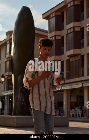 Un jeune homme avec des cheveux afro marche au coucher du soleil pendant à l'aide de son téléphone portable Banque D'Images