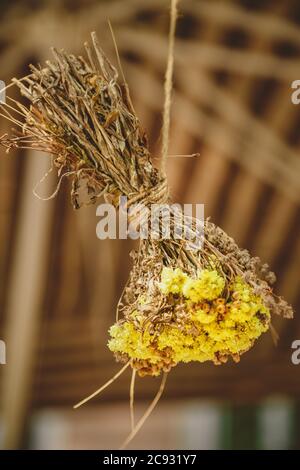 Décoration, bouquet, bouquet de petites fleurs jaunes suspendues à l'envers sur une ficelle. Dorretage en bois. Banque D'Images