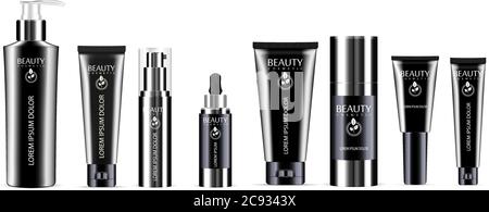 Coffret de bouteilles de cosmétiques noir de luxe 8 pièces : distributeur, compte-gouttes, tubes à crème, déodorant. Conception de package de maquette de dessin vectoriel. Exemple d'étiquette et de logo inc Illustration de Vecteur