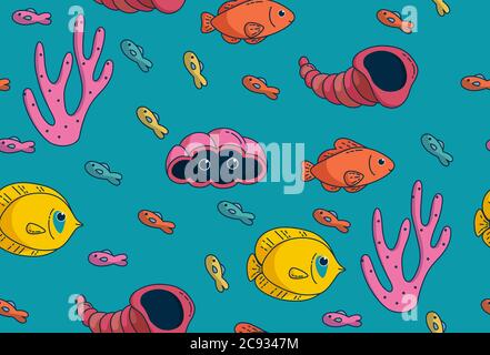 Faune marine motif sans couture, butterflyfish, coquillages et autres espèces tropicales. Vêtements et articles pour enfants. Illustration vectorielle dans CUTE Illustration de Vecteur