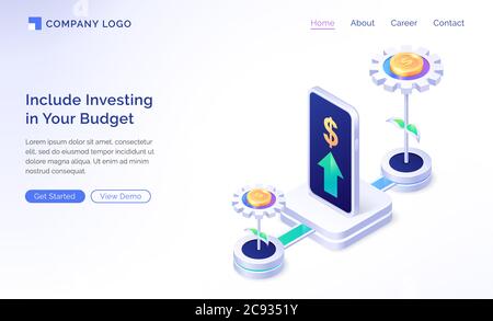 Page d'accueil isométrique de planification budgétaire financière. Application d'investissement pour téléphones mobiles avec des arbres financiers croissants et une flèche qui s'élève. Plan stratégique d'investissement, analyse financière, application, bannière Web 3d vector Illustration de Vecteur