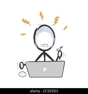 Fraude sur Internet. Angry man .Vector simple stress à l'aide d'un ordinateur. Stickman pas de visage clipart dessin animé. Dessiné à la main. Dessin Doodle, illustration graphique Illustration de Vecteur