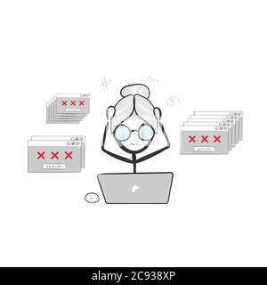 erreur système grandma panic. Vector ancienne génération simple avec ordinateurs. Stickman pas de visage clipart dessin animé. Dessiné à la main. Dessin Doodle, graphique Illustration de Vecteur