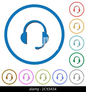 Casque avec micro, icônes vectorielles couleur plates avec ombres dans des contours ronds sur fond blanc Illustration de Vecteur