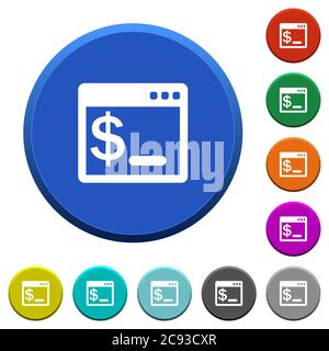 Terminal de commande OS boutons ronds de couleur biseautés avec surfaces lisses et icônes blanches plates Illustration de Vecteur