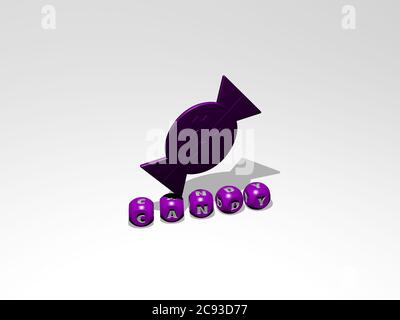 Image graphique 3D de BONBONS verticalement avec texte construit par des lettres métalliques cubes de la perspective supérieure, excellent pour la présentation de concept et les diaporamas. Arrière-plan et illustration Banque D'Images