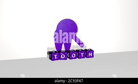 Illustration 3D des graphiques de dents et du texte fait par des lettres de dés métalliques pour la signification du concept et des présentations. Dentaire et soins Banque D'Images