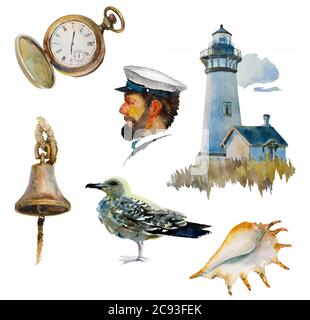 Collection rétro d'aquarelles nautiques avec montre de poche, capitaine, cloche, mouette, phare et grande coquille d'épisson, isolée sur fond blanc Banque D'Images