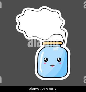 Kawaii sticker coloré pot de dessin animé avec bulle de pensée. Illustration vectorielle isolée sur fond sombre. Illustration de Vecteur