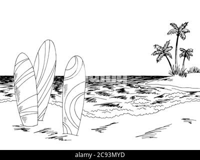 Surf mer côte graphique plage noir blanc paysage esquisse illustration vecteur Illustration de Vecteur