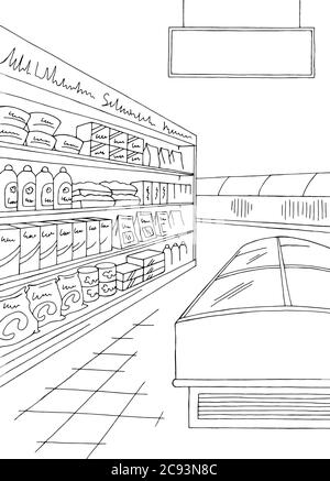 Intérieur de magasin d'alimentation noir blanc graphique vertical croquis vecteur d'illustration Illustration de Vecteur